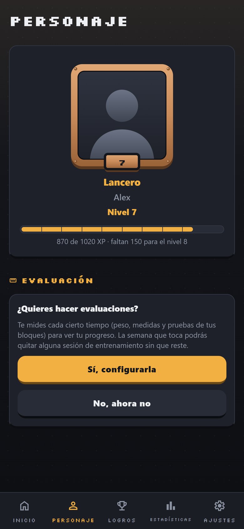 Pantalla de personaje de WeekGame con nivel, título y experiencia